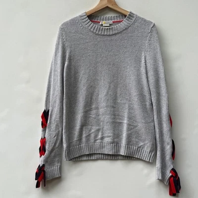 Boden Womens Small Gray Bright Red Ribbon Weave Long Sleeve Crew Neck Sweater - Image 1 of 4