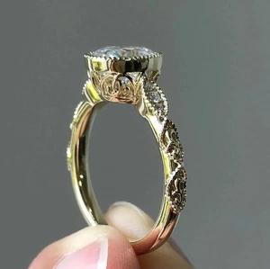 Oval Cut Diamond Engagement Ring Vintage Style 14K Yellow Gold Milgrain Halo - Picture 1 of 5