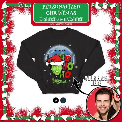 Персонализированный Grinch Ho Ho Ho Рождественская толстовка Custom лицо черный - Изображение 1 из 4