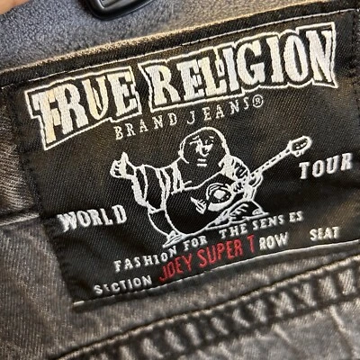 True Religion Joey Super T Whisker Faded Black Denim Black Stitch Jeans 34x32. - Image 1 of 4