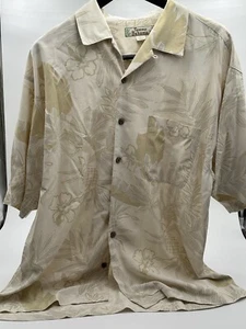Tommy Bahama Shirts Men Large 100% Silk Tan/Khaki Short Sleeve Button Tropical - Picture 1 of 7