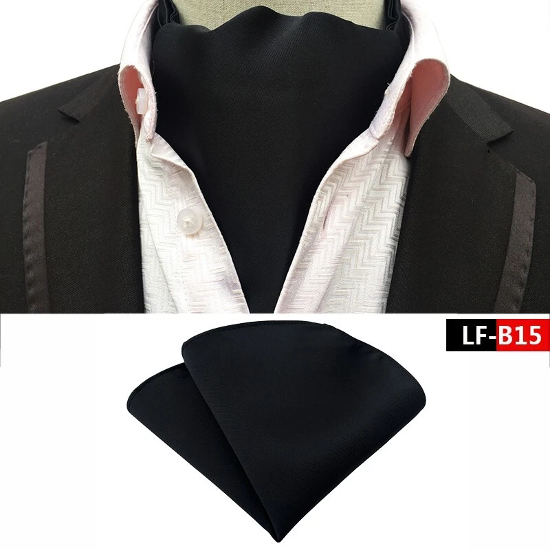 Classic Men's Ascot Cravat Tie Silk Solid Black Scarf Cravat Hanky Set - Image 1 of 1