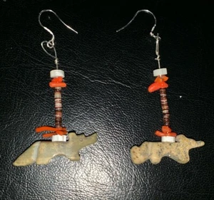 Handmade Zuni Fetish Animal Earrings Heishi Red Coral Sterling Silver Anteater - Picture 1 of 4