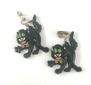 Vintage Halloween Black Cat Clip Earrings Orange Bow Tie Wide Eyed FUN WORLD - Picture 1 of 4