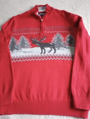 Chaps Red Medium Christmas Winter Sweater Moose Trees Ralph Lauren Brand Cotton - Image 1 of 4