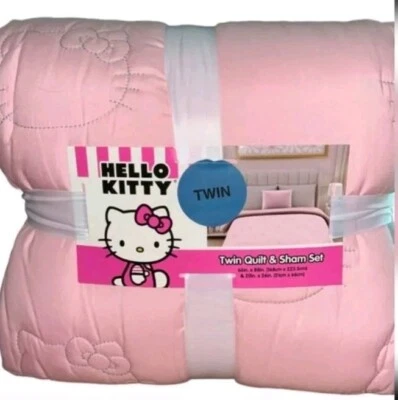 HELLO KITTY розовый лоскутное одеяло и накидка двойной постельное белье в ленте спальни Sanrio 66 «x 88, новый - Изображение 1 из 3
