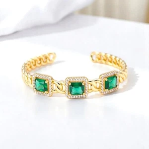 Gold Plated with Green Cubic Zirconia Curd Link Cuff Bangles - Picture 1 of 5