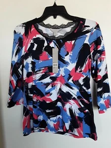  Laura Ashley Multi Color Lace Neck  Knit Top  Shirt Size S  NEW - Picture 1 of 3