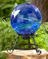 Colorful Blue & Green Neptune Glass Gazing Ball w/ Metal Stand