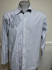 XL (17-17 1/2) Men J. Ferrar Long Sleeve Button Down Shirt White Stripe Paisley - Picture 1 of 9
