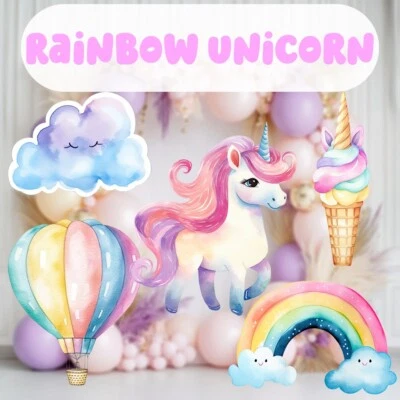 Fiesta temática de unicornio, recortes de unicornio, decoración de arco iris, accesorios de cumpleaños de unicornio Foto 1 de 4