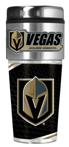 VEGAS GOLDEN KNIGHTS 16 OZ STAINLESS STEEL COFFEE TRAVEL MUG WITH METAL EMBLEM Cover