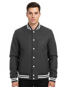 Varsity Letterman Jacket All Wool Dark Grey White Trims Bomber College Jacket - Bild 1 von 12