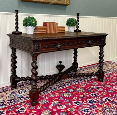 Mesa de Escritorio Antigua Francesa Torcida Cebada Renacimiento Renacimiento Roble Tigre Foto 1 de 4