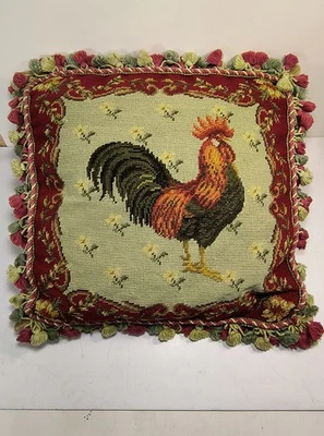 Aubusson Rooster Needlepoint Pillow Cover 20 x 20 Tassel Trim French Country - Image 1 of 4