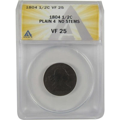 1804 Plain 4 No Stems Draped Bust Half Cent VF 25 ANACS SKU:CPC0817 - Image 1 of 4
