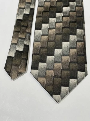Alexander Julian 100% Silk Necktie Classic Black Taupe Gray Geometric Men’s Tie - Image 1 of 4