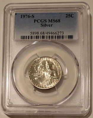 Серебряная монета номиналом 25 центов 1976 S с изображением двухсотлетия Вашингтона MS68 PCGS - Изображение 1 из 2