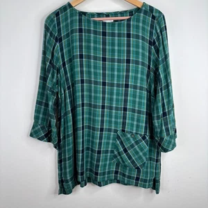 J Jill Plaid Top XL 3/4 Sleeve Green Boho Lagenlook Lightweight Office Academia - Picture 1 of 9