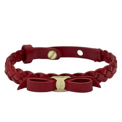 Salvatore Ferragamo Vara 丝带手镯手链红色皮革金色 GP 标志 — 第 1/4 张图片