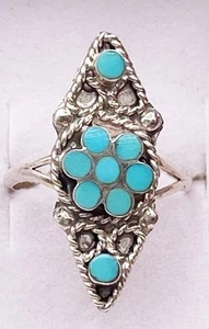 Vintage Sterling Silver Turquoise Cluster Ring Marquise Floral Design 925 Size 7 - Picture 1 of 8
