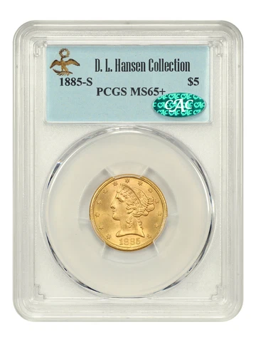 1885-S $5 PCGS/CAC MS65+ ex: D.L. Hansen Cover