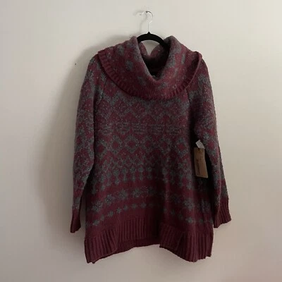 Suéter pesado túnica cuello capucha mezcla de lana borgoña tallada con volantes para mujer 1X nuevo con etiquetas Foto 1 de 4