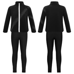 Kids Set Solid Color Outfits Workout Sports Suit Shiny Costume Black Clothing - Picture 1 of 20