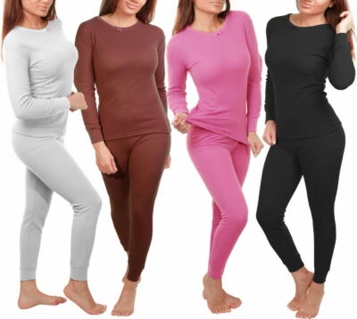 Conjunto de ropa interior térmica elástica superior e inferior tejida gofre de algodón premium de 2 piezas para mujer Foto 1 de 2