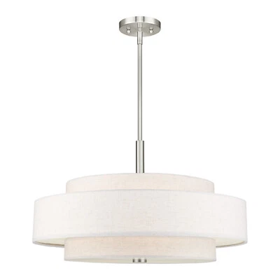 Triple drum pendant: oatmeal fabric shade, soft frosted glow. Stylish & warm. - Image 1 of 4