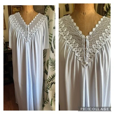 复古 80 年代 Shadowline 睡袍浅蓝色 尺寸 L V 领 蕾丝生菜边缘 美国 — 第 1/4 张图片