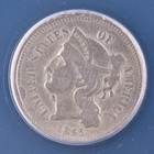 1865 THREE CENT NICKEL ANACS VF20 DETAILS RIM CUD 3 CENT 1865 THREE CENT NICKEL ANACS VF20 DETAILS RIM CUD 3 CENT