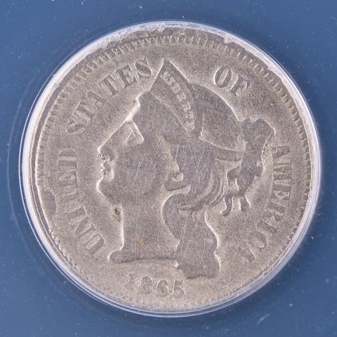1865 Three Cent Nickel ANACS VF20 details Rim Cud 3 Cent Cover