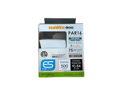 Sunlite 80516 LED PAR16 GU10 Dimmabke Bulb 7 Watt Cool White 4000k 75w Halogen - Image 1 of 4