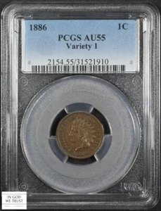 1886 Variety 1 Indian Head Copper Cent 1C Choice Almost Uncirculated PCGS AU 55 - Picture 1 of 5