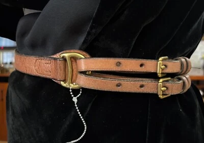 НОВЫЙ RALPH LAUREN EQUESTRIAN ДВОЙНОЙ РЕМЕНЬ ЖЕЛТОВАТО-КОРИЧНЕВЫЙ КОЖАНЫЙ РЕМЕНЬ ЛАТУНЬ D-КОЛЬЦО ПРЯЖКА S - Изображение 1 из 4