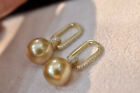 gorgeous  pair of 10-11mm south sea round gold  pearl dangle earring 925s（tb)