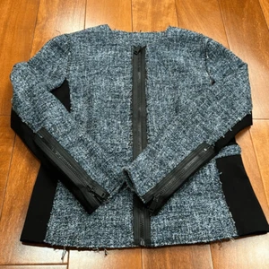 Elie Tahari Mixed Media blau Tweed seitlicher Reißverschluss Damen Motorrad Jacke Größe 2 - Bild 1 von 14