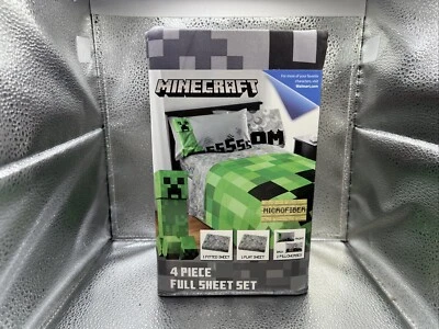 Minecraft Gray Blocks 4 Piece Kids Microfiber Full Sheet Set Gray / Green NEW - Image 1 of 4