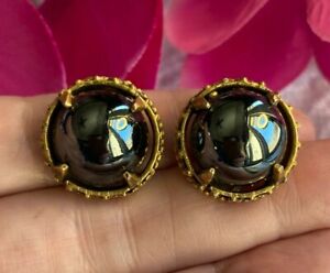 ALICE CAVINESS Round High Dome Hematite Earrings Gold Tone Clip-on Glossy Black