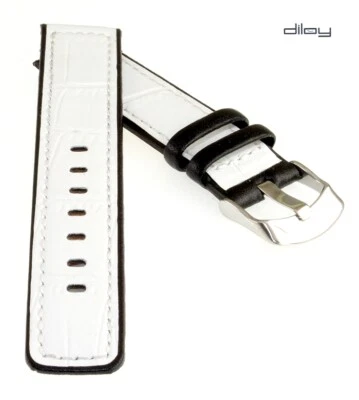 Diloy Alligator Design Correa de Reloj Ginebra Blanco-Negro 20mm, Doble Capa Cosido