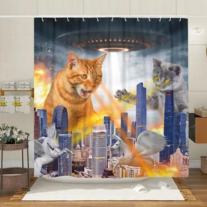 Funny Cat Bathroom Shower Curtain, Funky Cat Alien with UFO Fabric Bathroom Show - Picture 1 of 16