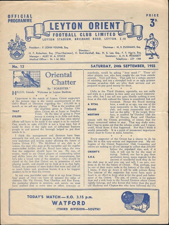 Leyton Orient v Watford. Division 3. 1955-1956 - Image 1 of 1