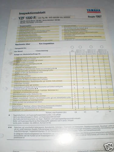 Hoja De Inspección Yamaha YZF 1000 R Tipo 4VD - Año 1997! - Imagen 1 de 1