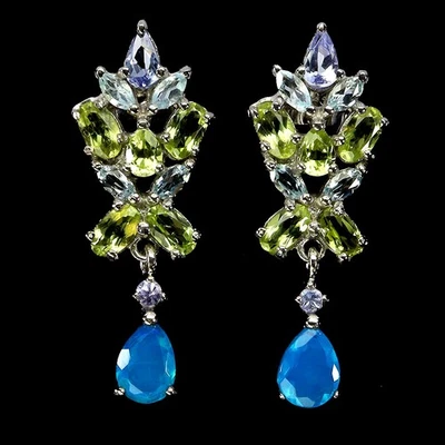 925 Sterling Silver Earrings Pear Blue Opal 7x5mm Peridot Topaz Gemstone Jewelry - Image 1 of 4