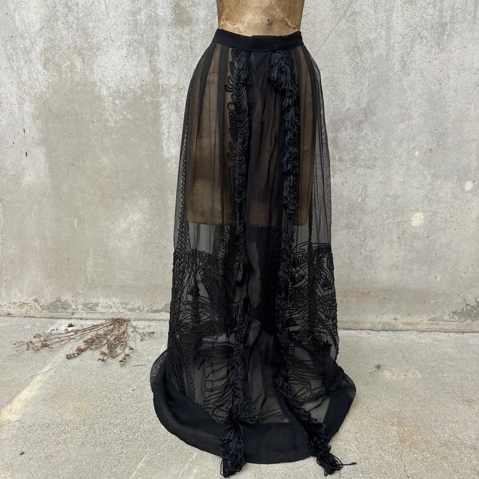 Maxi Vestido Falda Antigua Eduardiana Negra Soutache Bordada Gasa De Colección Foto 1 de 4