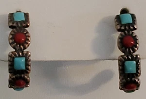 925 Sterling Silver Turquoise and Coral Half Hoop Earrings Signed CFJ Thai - Picture 1 of 13
