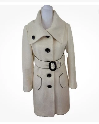 Soïa & Kyo шерсти средней длины пальто слоновой кости с коричневой отделкой Pipping деталь подпоясанный размер S - Изображение 1 из 4