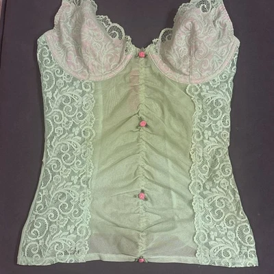Corsé Top Y2K Betsey Johnson Íntimo Verde Encaje Malla Talla Mediana Detalle Floral  Foto 1 de 4