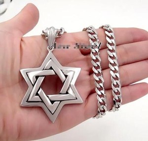 Vintage Large Star of David Stainless Steel Pendant Curb Chain Men Necklace 24''